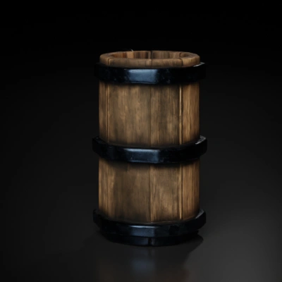 Wooden tankard with metal bands.