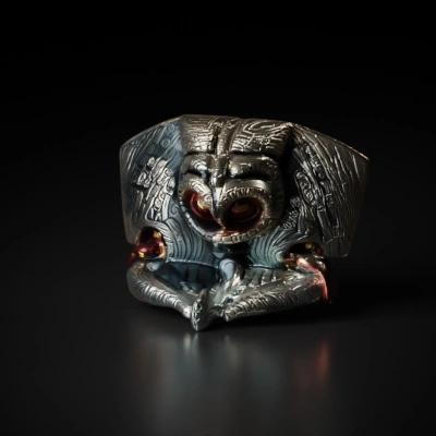 Ancient carved mask, detailed tribal patterns.