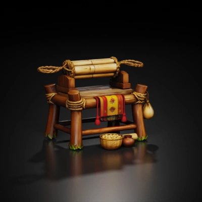 Wooden stool with items.