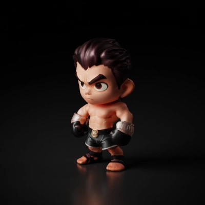 Muscular chibi fighter with boxing gloves and determined expression.