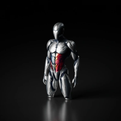 Futuristic humanoid robot with muscular design.
