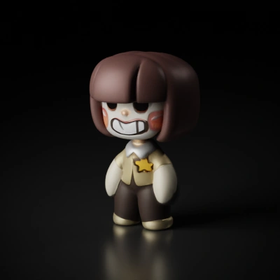 Cartoonish character with bob haircut, smiling.