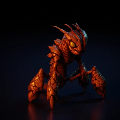 Rocky creature with glowing eyes, insect-like legs. four legs