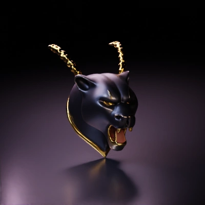 Panther head pendant, menacing expression, gold accents.