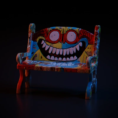 Cartoonish bench with psychedelic patterns and designs.