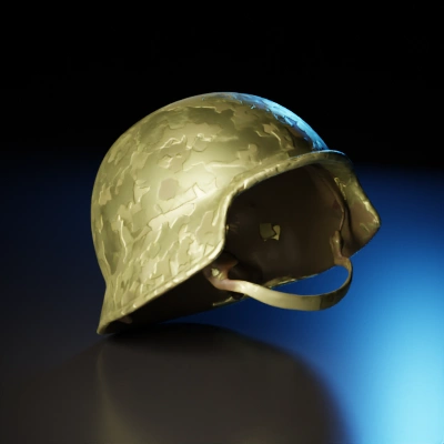 Military helmet, camouflage pattern, chin strap.