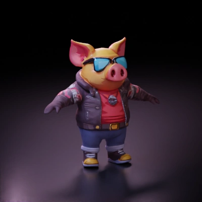 Pig humanoid in biker outfit with tattoos.
