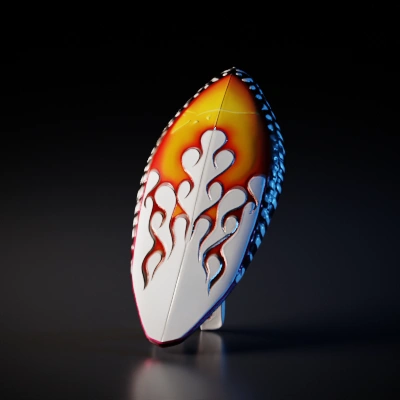 Surfboard with flame graphic design.