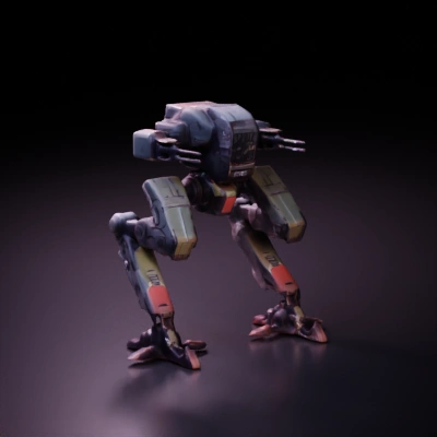 bipedal assault mech with small glass cockpit , dual cannons, two legs, dark green, red shapes, white stripes, cinematic shot from a movie, art station style, giger beksinski style, batletech style,