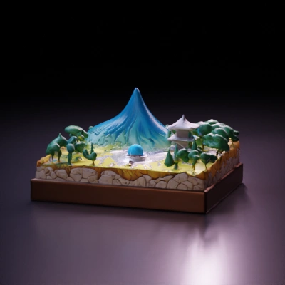 Miniature landscape with building, trees, mountain.
