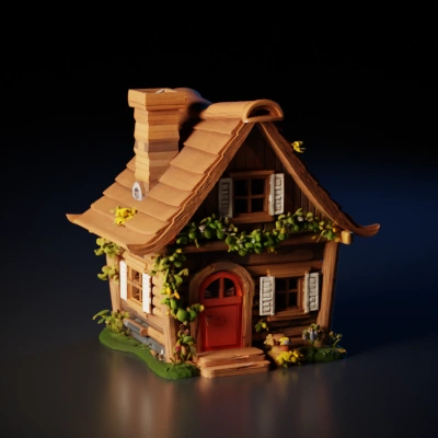 Cute wooden house with flowers and plants.