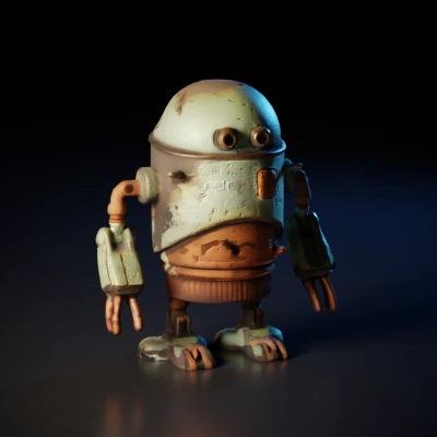 Rusty robot with articulation limbs, retro design.
