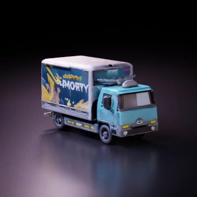 Colorful advertising truck with cheerful design.