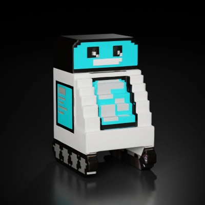 Pixelated robot with rectangular body, wheels.