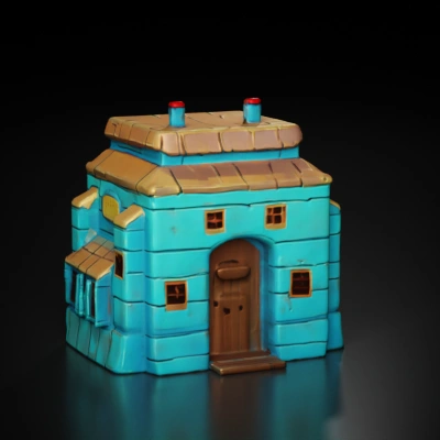 Cute cartoon-style house, compact layers, small chimney, windows.