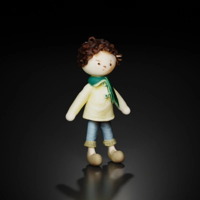 Rag doll with curly hair and scarf.