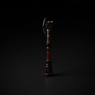 Ornate Viking-style axe, intricate carvings.