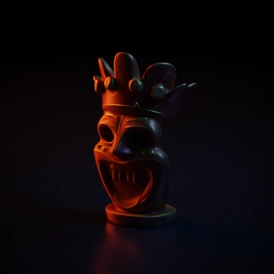 Tribal king idol with exaggerated face, crown.