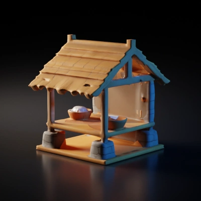 Medieval-style wooden shelf with stone supports.