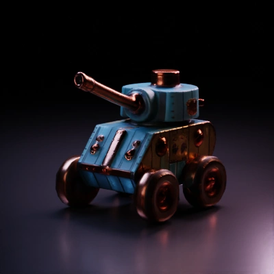 Cartoon-style tank with exaggerated cannon and wheels. wheels symmetric and are separate mesh, turret should be rotating
