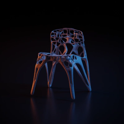 Futuristic lattice-based chair with organic design. symmetric geometry. smooth edges. complex geometry.