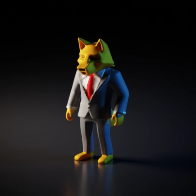 Fox-like character in business suit, serious expression.