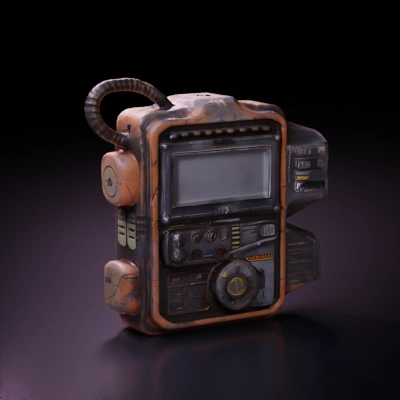Handheld retro-futuristic device with monitor, dials, and buttons. Metallic materials