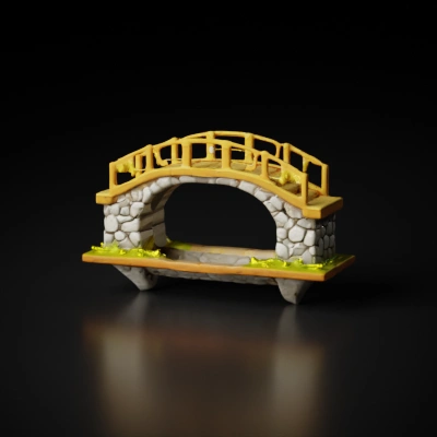Stone bridge with wooden railings.