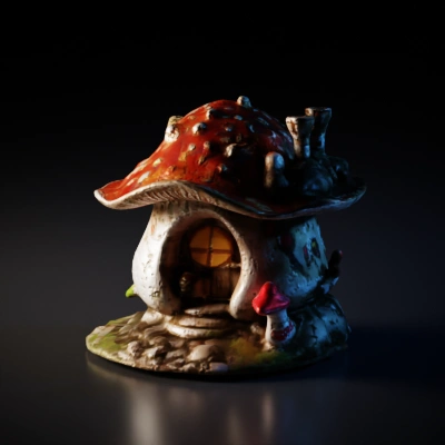 Fairy-tale mushroom house with small details. single chimney, lamp in front