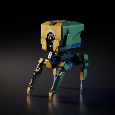 walking robotic machine with camera lens.