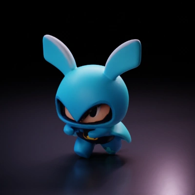 Tiny superhero bunny character, cartoon style, in dynamic pose. batman, running