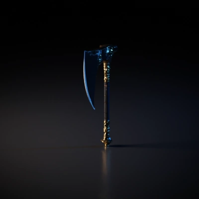 Ornate battle axe, skull motif, ceremonial or fantasy.