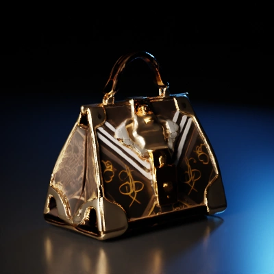 Designer handbag with luxury brand pattern.