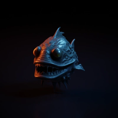 Terrifying deep-sea creature with bioluminescent eyes, sharp teeth.