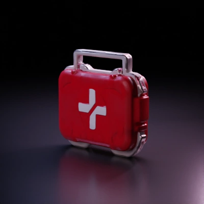 Medkit with white cross, rugged design.