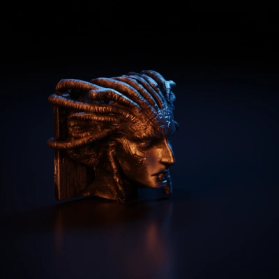 Gorgon-like statuesque figure with snake-like hair.