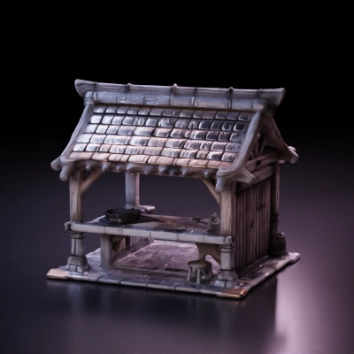 Medieval outdoor blacksmith station with wooden roof.