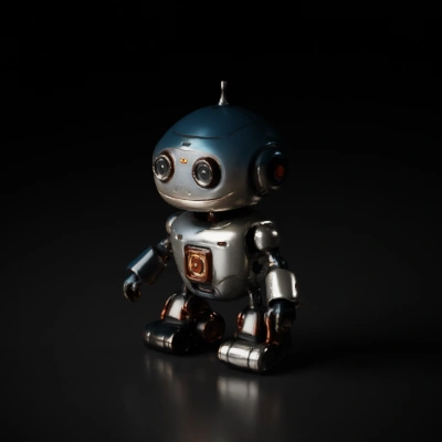 Round robot with large eyes, friendly appearance.