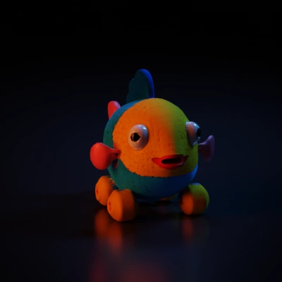 Knitted fish toy with wheels.