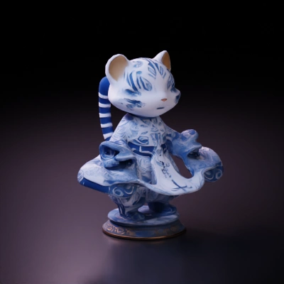 Tiger figure in traditional attire, porcelain aesthetic.