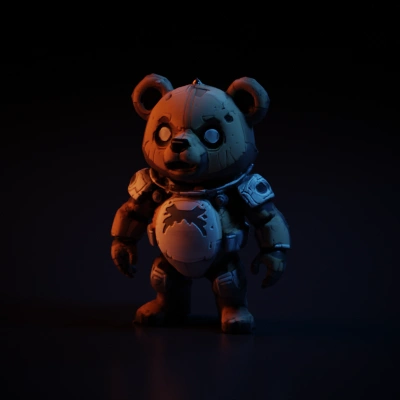 Bear-like robot character, mechanical suit, animated style.