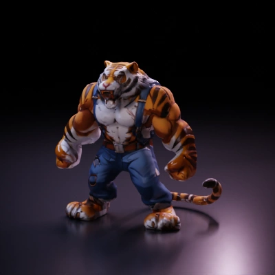 Bipedal anthropomorphic tiger with muscular build, fierce expression.