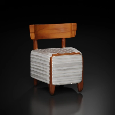 Wooden chair with cushioned seat and backrest.