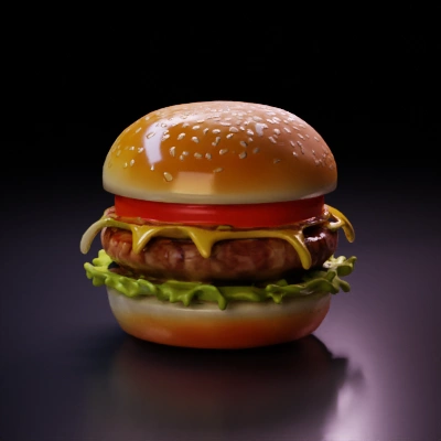 Hamburger with cheese, lettuce, tomato.