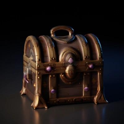 Treasure chest with decorated gems, ornate design, sturdy wood.