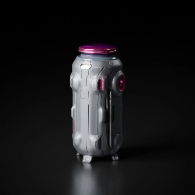 Futuristic sci-fi container, cylindrical with intricate details.