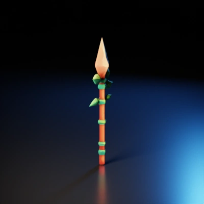 Wooden spear with leafy adornments, triangular stone tip.