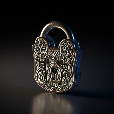 Intricately designed padlock with ornate floral patterns. Rustic bronze, medium to high roughness, realistic, metallic, pattern only on the outside of the lock. Remove the light inside the keyhole.