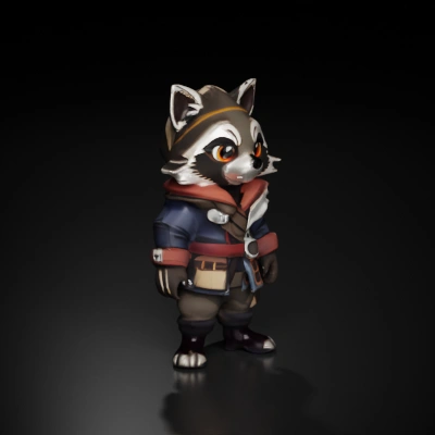 Cartoon raccoon character in adventurer outfit.