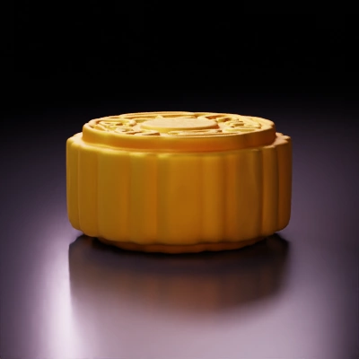 Mooncake with ornate surface design, round shape.